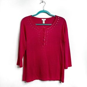 Chico's Estella Henley Linen Embellished Pullover Sweater